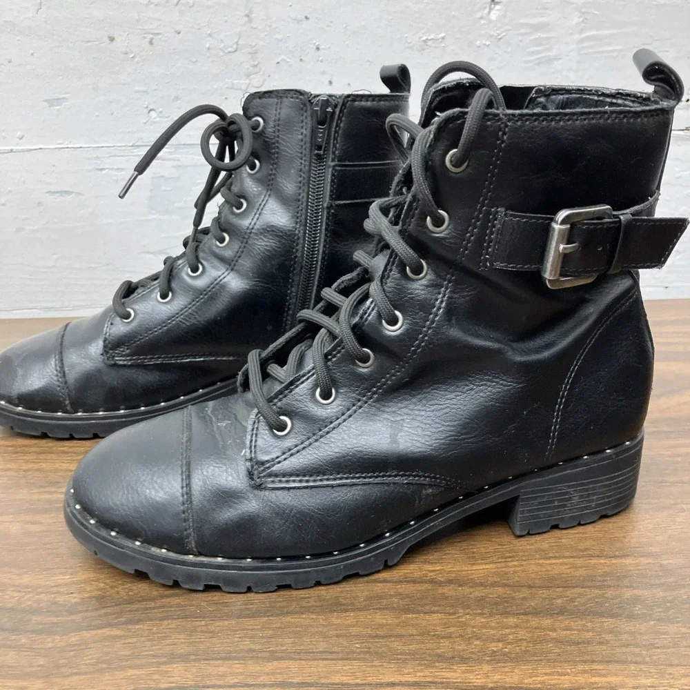 Wonder Nation Girls Black Ankle Combat Moto Boots Size 5 Lace Up w/ Zipper